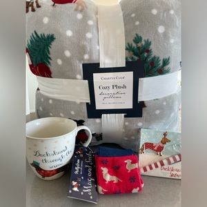 Pillows (2), mug, socks, notepad w/pen. NWT - winter themed with dachshunds